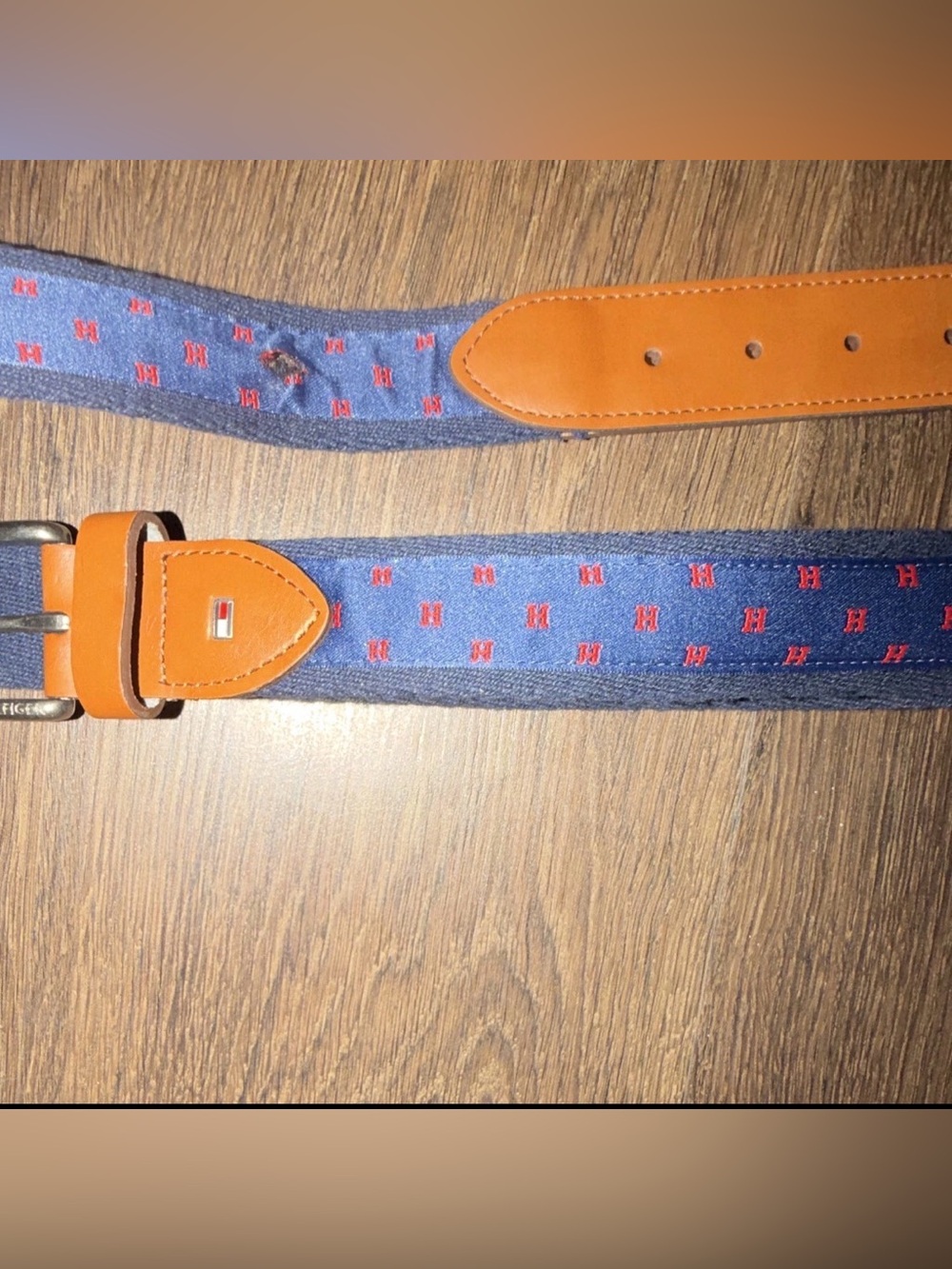 Tommy Hilfiger Navy & Tan Logo Webbing Belt with Red Accents